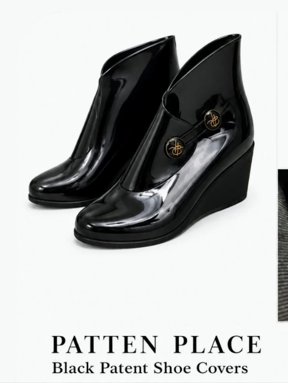 Black Patent Wedge Shoe Covers with Gold-Tone Buttons